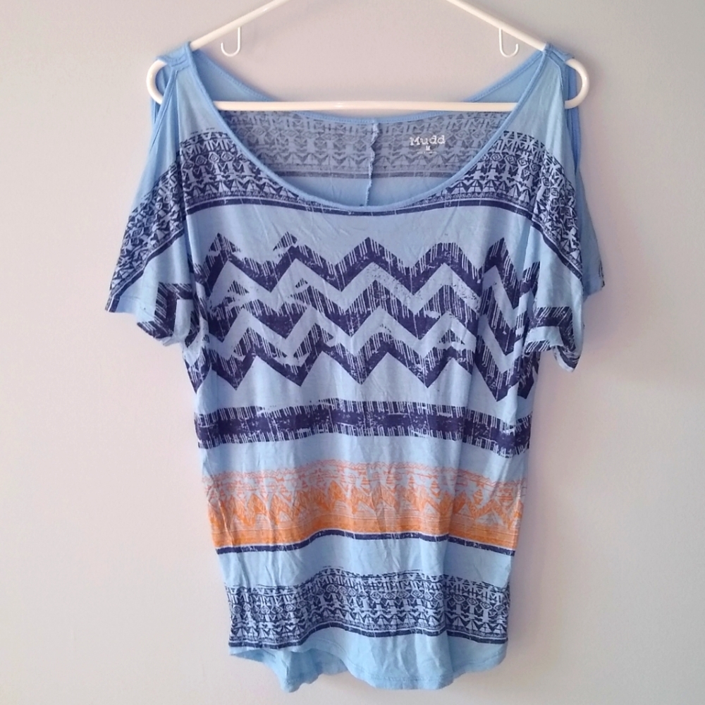 Mudd Short-Sleeve Cold Shoulder T-Shirt Scoop-neck Blue Orange Medium